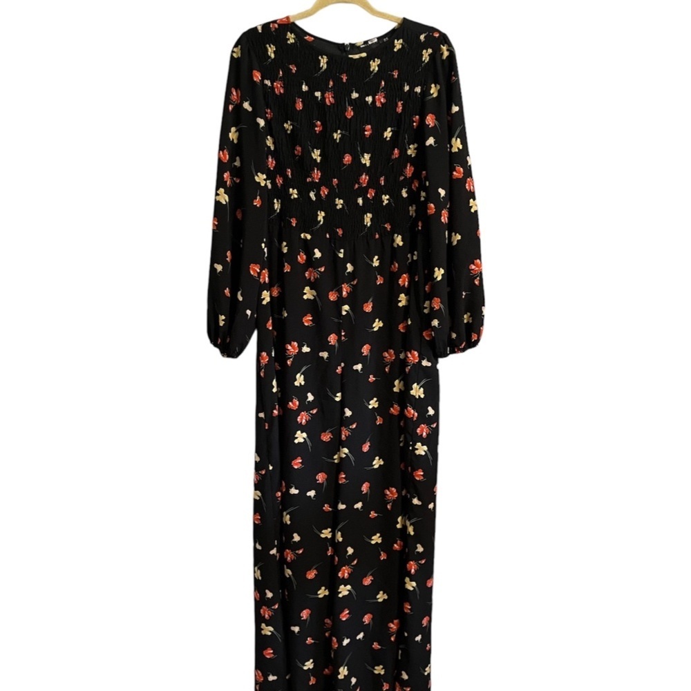 Asos Women Romper Size 12 Smock Floral Long Black Red Yellow Round Neck Feminine